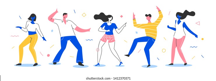 Group of happy young men and women dance and have good time together on a party. Trendy colorful flat and line mixed illustration