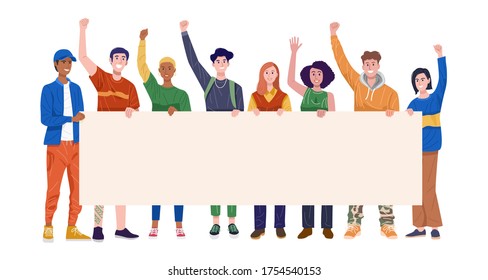 Group of happy young men and women holding banner. Vector