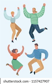 Group of happy young people - best friends on the party. Guys and girls are dancing and celebrate a victory. Vector cartoon illustration in modern concept