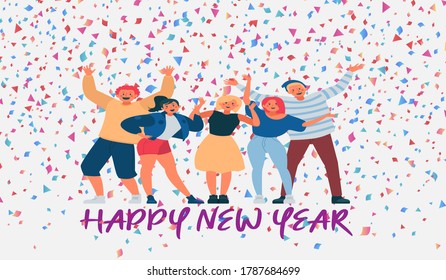 Group of happy young people celebrating and having fun together over white background