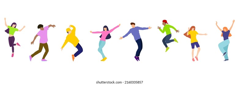 A Group Of Happy Young People Dancing On Isolated White Background. Young Men And Women Enjoying A Dance Party. Exciting Music Party. Adult Friends Jumping And Dancing. Vector Illustration Flat Style