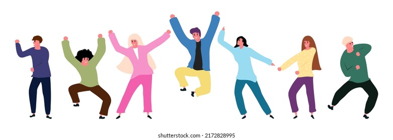 A Group Of Happy Young People Dancing On Isolated White Background. Young Men And Women Enjoying A Dance Party. Exciting Music Party. Adult Friends Jumping And Dancing. Vector Illustration Flat Style