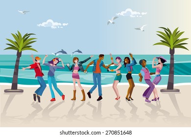 Group of happy young people dancing at the beach. Summer sunset. Vector Illustration.