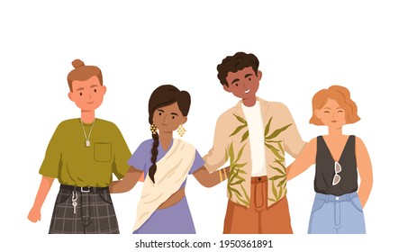 Group of happy young people of different races standing and hugging together. Portrait of multiracial friends. Colored flat vector illustration of diverse multiethnic teenagers isolated on white