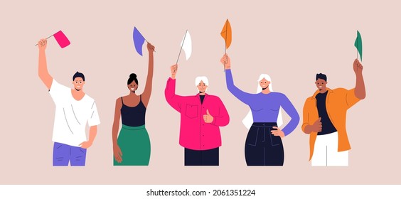 Group Of Happy Young People With Flags In Their Hands. Students Are Activists And Volunteers Of Different Ethnic Groups. The Concept Of Voting, Training, Education. Vector Illustration. Eps 10.