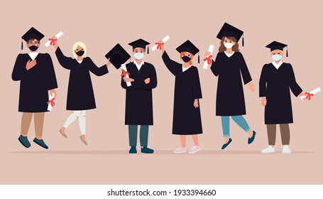 Group of happy young people, graduates in robes and protective masks in connection with the covid-19 pandemic. Social distancing during coronavirus. Vector illustration in flat style