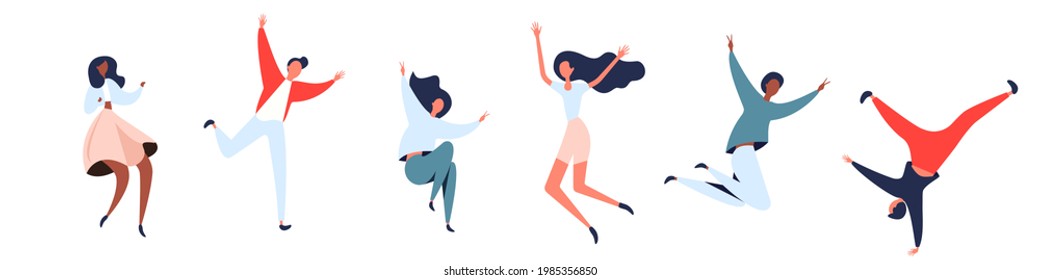 Group Of Happy Young People Are Jumping With Their Hands Up. Students, Youth, Friends, A Group Of Friends. Flat Bright Vector Illustration Isolated On White Background. Illustration For Your Design