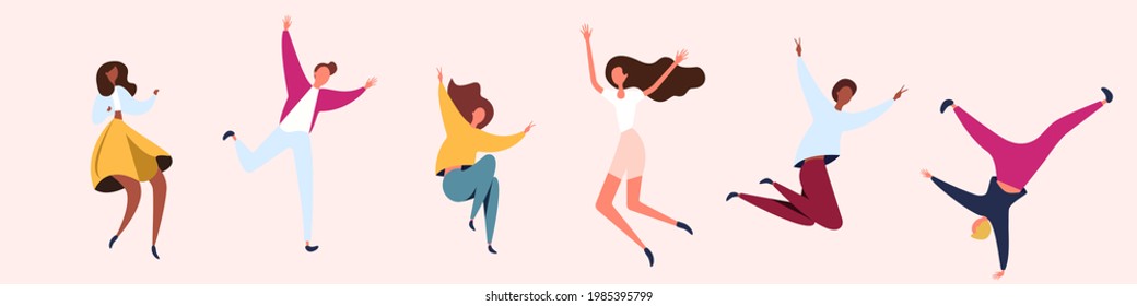 Group of happy young people are jumping with their hands up. Students, youth, friends, a group of friends. Flat bright vector illustration on isolated background. Illustration for your design