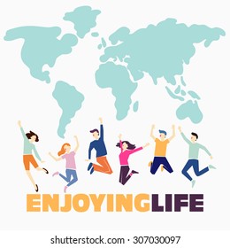 Group of happy young people jumping and dancing on the world map background. Enjoying life concept.  Stylish modern vector style. Healthy lifestyle concept.