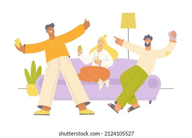 Group of happy young people playing card game at home. Night in party celebration. Flat colorful vector illustration. 