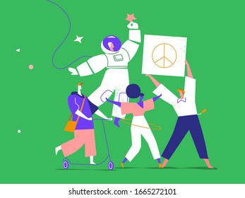 A group of happy young people promoting peace in the world - Vector illustration