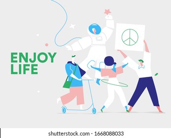 A group of happy young people promoting peace in the world. Enjoy life poster - Vector illustration