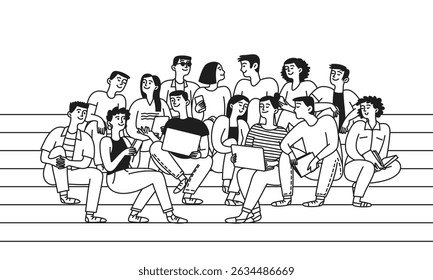 Grupo de jovens felizes sentados em escadas, estudantes socializando e usando gadgets. Conceito de comunicação e educação. Ilustração de rabisco vetorial
