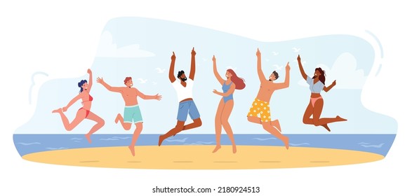 Group of Happy Young People in Swim Wear Jumping with Hands Up, Summer Vacation, Beach Party Celebration, Fun, Outdoor Activity. Male and Female Characters Rejoice. Cartoon Vector Illustration