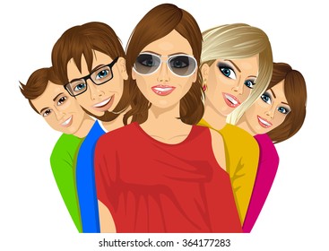Group of happy young students in colorful t-shirts standing behind each other