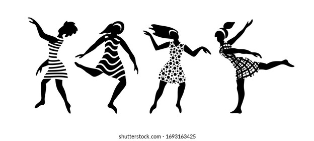 Group of happy young women dancing. Black female silhouettes on white background. Flat vector illustration.
