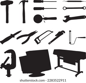 A group of hardware comprising of a hammer, spanners, shears, cutting pliers and screwdrivers.