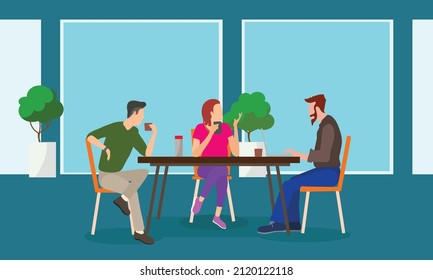 Group Having Coffee, Three People In A Meeting Talking At A Table Casually.