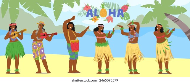 Group Of Hawaiian Dancers in Traditional Costumes And Joyful Expressions. Ukulele Players And Hula Performers Exude Vibrant Energy On A Sunny Tropical Beach Surrounded By Tropical Flora And Aloha Sign