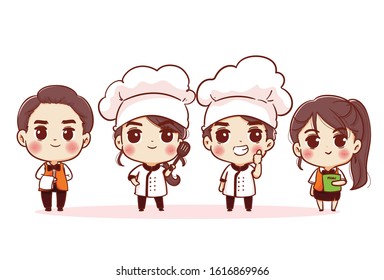 Group of head chefs, man and woman chefs. Hand draw people characters.