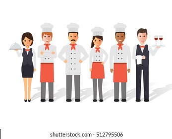 Grupo de jefes de chefs, hombres y mujeres chefs, sumiller y camarera. El concepto de equipo de restaurante. Personajes de diseño plano.