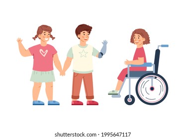 Group of healthy and disabled children socialising, cartoon vector illustration isolated on white background. Disabled handicapped kids active life in society.