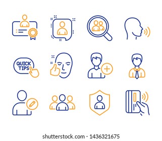 Group, Healthy face and Certificate icons simple set. Developers chat, Edit user and Security signs. Add person, Search employees and Businessman symbols. Line group icon. Colorful set. Vector