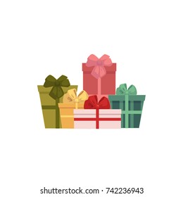 Group, heap, pile of colorful gift, present boxes, Christmas icon, decoration element, cartoon vector illustration on white background. Colorful group of presents, gift boxes, Christmas icon