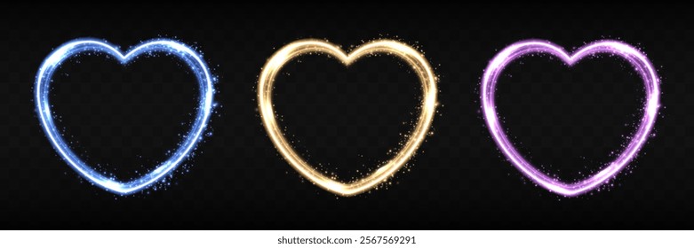 Group heart with flashes, highlighted on transparent background. Glowing heart for holiday cards, banners, Valentine's Day. Neon glowing heart shape.