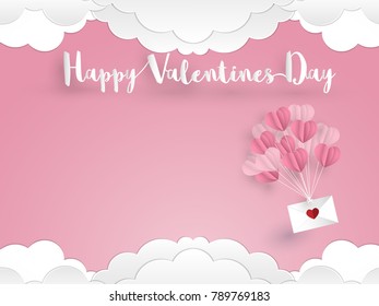 A group of heart shape balloons with love envelope floating on pink sky background with clouds and Happy Valentines Day. Concept of love and Valentine day, paper art style. Vector illustration.