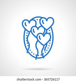 Group of heart shaped balloons with ropes in oval frame. Romantic events, festive decor. Simple blue line style vector icon. Web design element for website and mobile app.