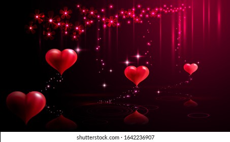 A group of hearts flies past over a mirrored surface, leaving a trail of sparkles. Abstract vector illustration with 3D effects