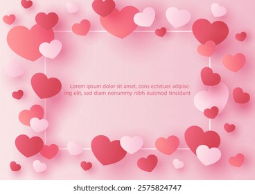 Group of hearts in paper cut style flying on example texts and circle space, pink gradient background.
