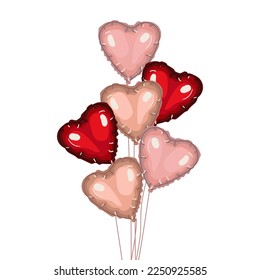 A group of heart-shaped balloons in a bundle on a white background. Colored pearl balls on a string. isolated illustration for printing on postcards and banners