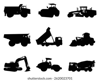 Group of Heavy Equipment Machinery Silhouette isolated white background. Vector Illustration