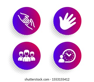 Group, Helping hand and Hand icons simple set. Halftone dots button. Time management sign. Group of people, Give gesture, Swipe. Work time. People set. Classic flat group icon. Vector