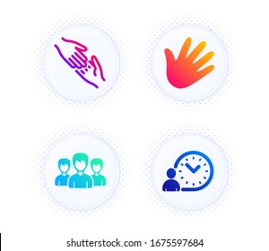 Gruppe, Helping Hand und Hand Symbole einfache Set. Taste mit halftonischen Punkten. Zeitmanagement-Zeichen. Gruppe von Menschen, Gebt Geste, Schwipe. Arbeitszeit. Die Leute sind da. Gradient flache Gruppe Symbol. Vektorillustration