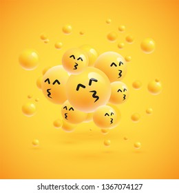 Group of high detailed yellow emoticons with spheres on yellow background for advertising, vector illustration