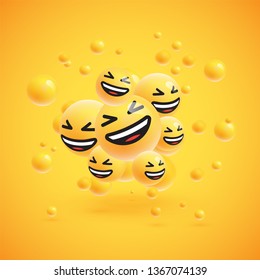 Group of high detailed yellow emoticons with spheres on yellow background for advertising, vector illustration