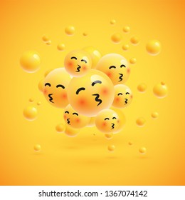 Group of high detailed yellow emoticons with spheres on yellow background for advertising, vector illustration