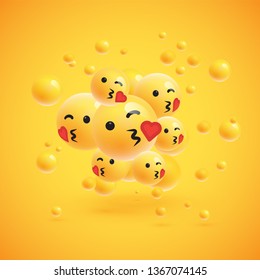 Group of high detailed yellow emoticons with spheres on yellow background for advertising, vector illustration
