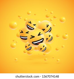 Group of high detailed yellow emoticons with spheres on yellow background for advertising, vector illustration