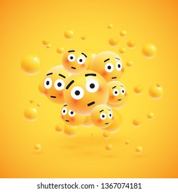 Group of high detailed yellow emoticons with spheres on yellow background for advertising, vector illustration