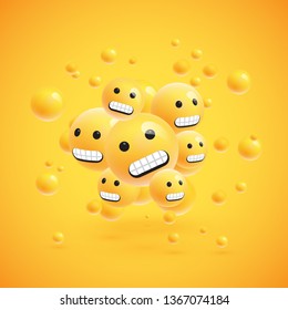 Group of high detailed yellow emoticons with spheres on yellow background for advertising, vector illustration