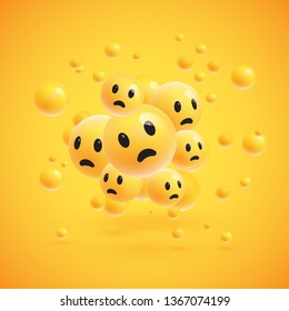 Group of high detailed yellow emoticons with spheres on yellow background for advertising, vector illustration