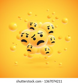 Group of high detailed yellow emoticons with spheres on yellow background for advertising, vector illustration