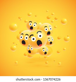 Group of high detailed yellow emoticons with spheres on yellow background for advertising, vector illustration