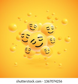 Group of high detailed yellow emoticons with spheres on yellow background for advertising, vector illustration