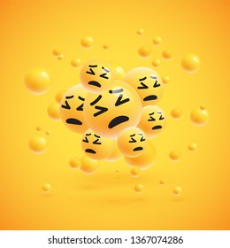 Group of high detailed yellow emoticons with spheres on yellow background for advertising, vector illustration