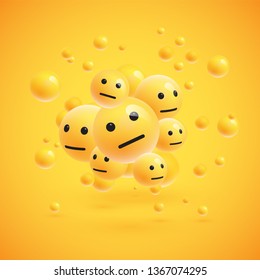 Group of high detailed yellow emoticons with spheres on yellow background for advertising, vector illustration